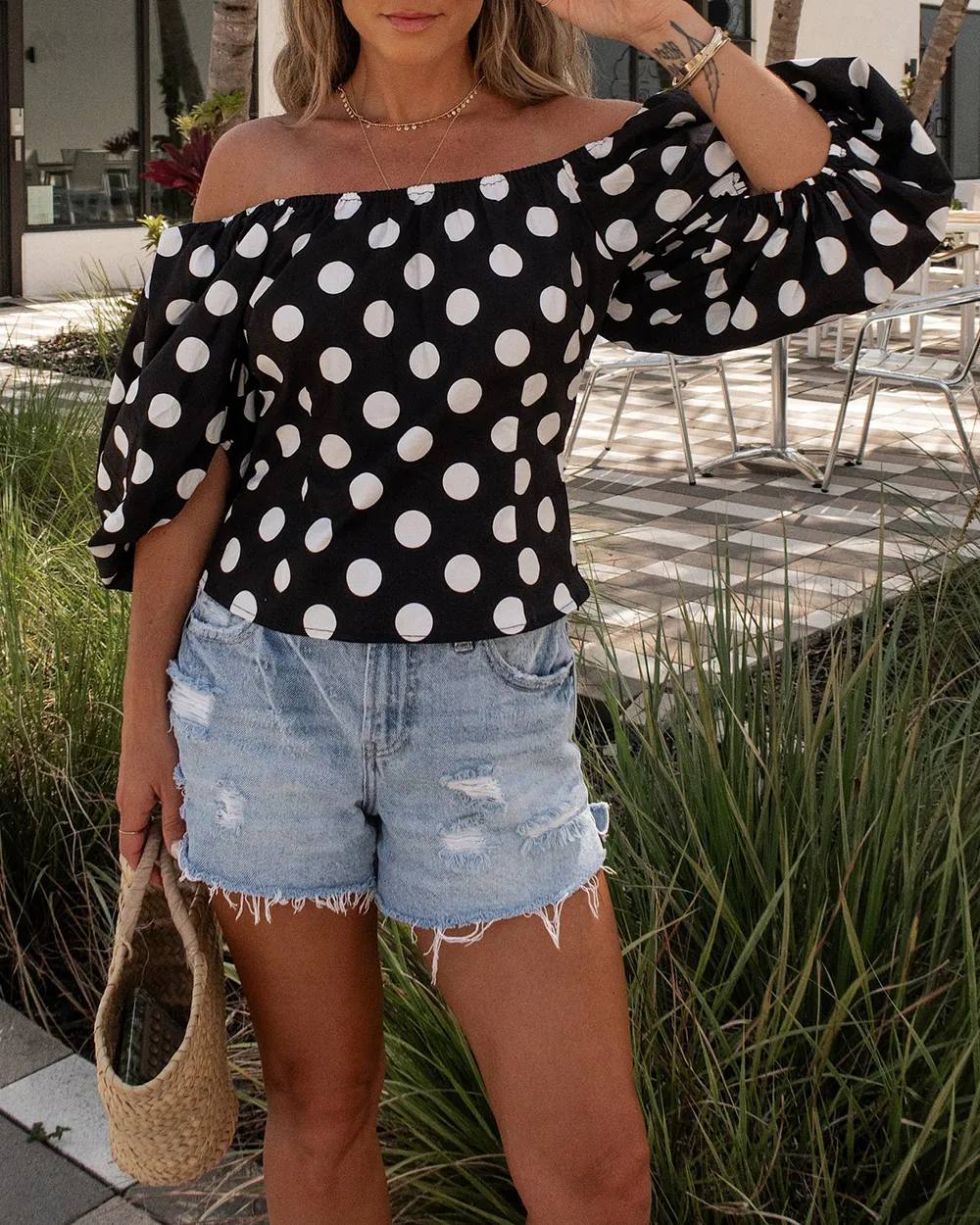 Betty Off The Shoulder Polka Dot Blouse