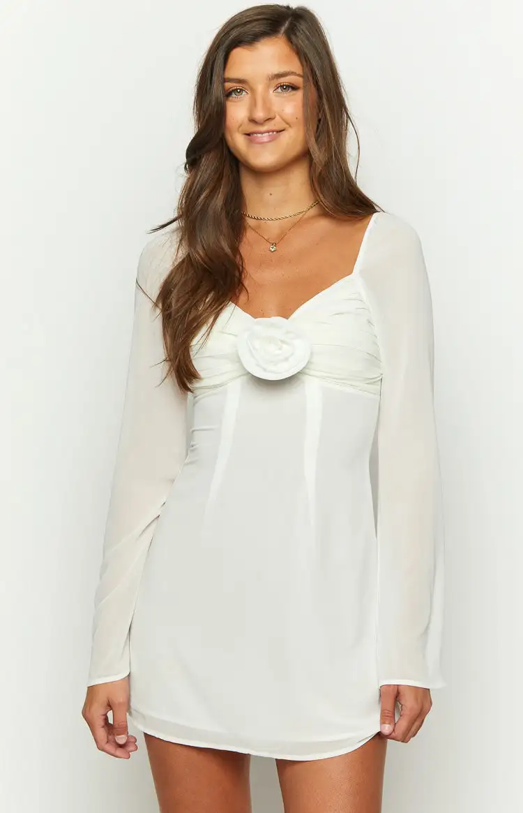 Kadence White Chiffon Long Sleeve Mini Dress