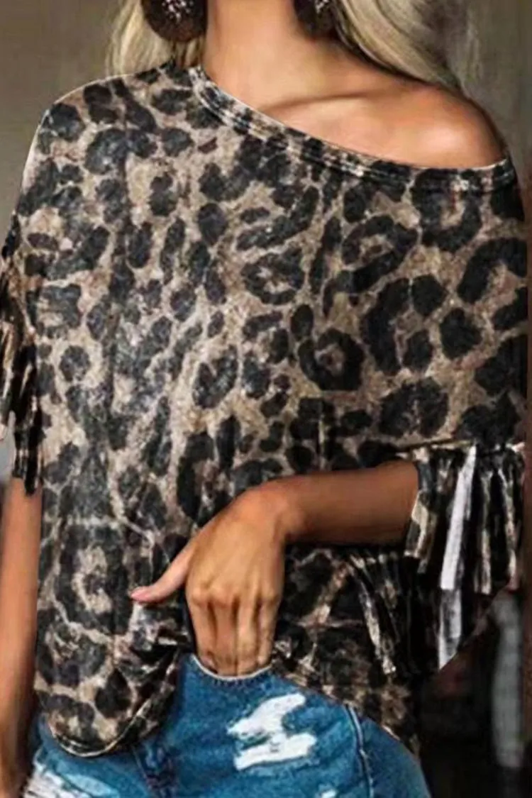 Western Leopard Print Fringed Short Sleeve T-Shirt