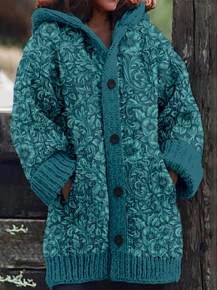 Turquoise Floral Western Art Cozy Hooded Cardigan