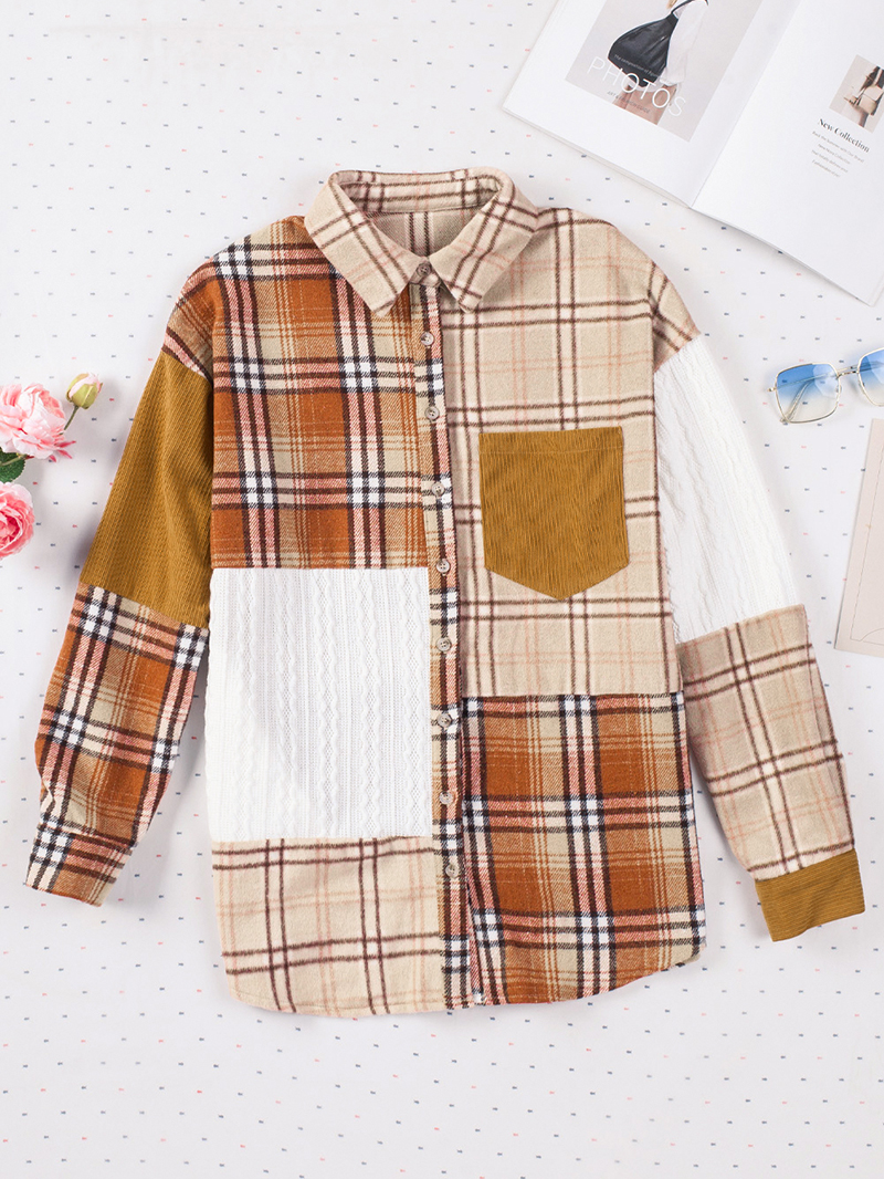 Orange Plaid Color Block Patchwork Shirt Jacket with Pocket