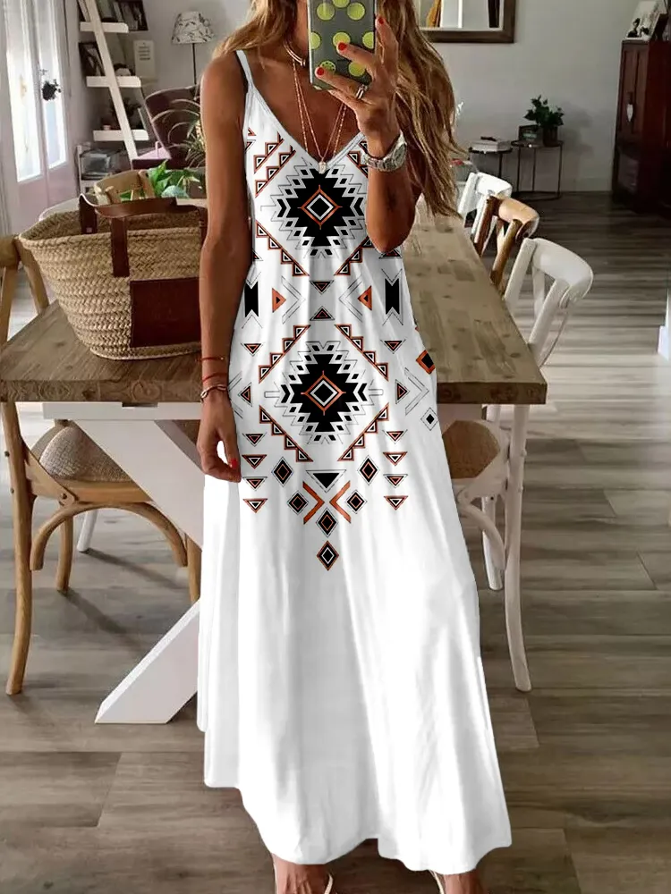 Vintage Western Pattern V Neck Cami Maxi Dress