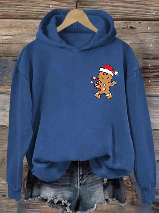 Women's Christmas Gingerbread Man Print Casual Hooded