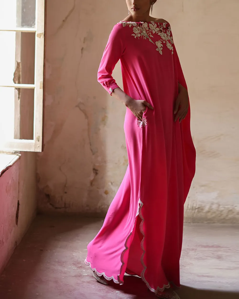 Elegant crystal-embellished velvet kaftan