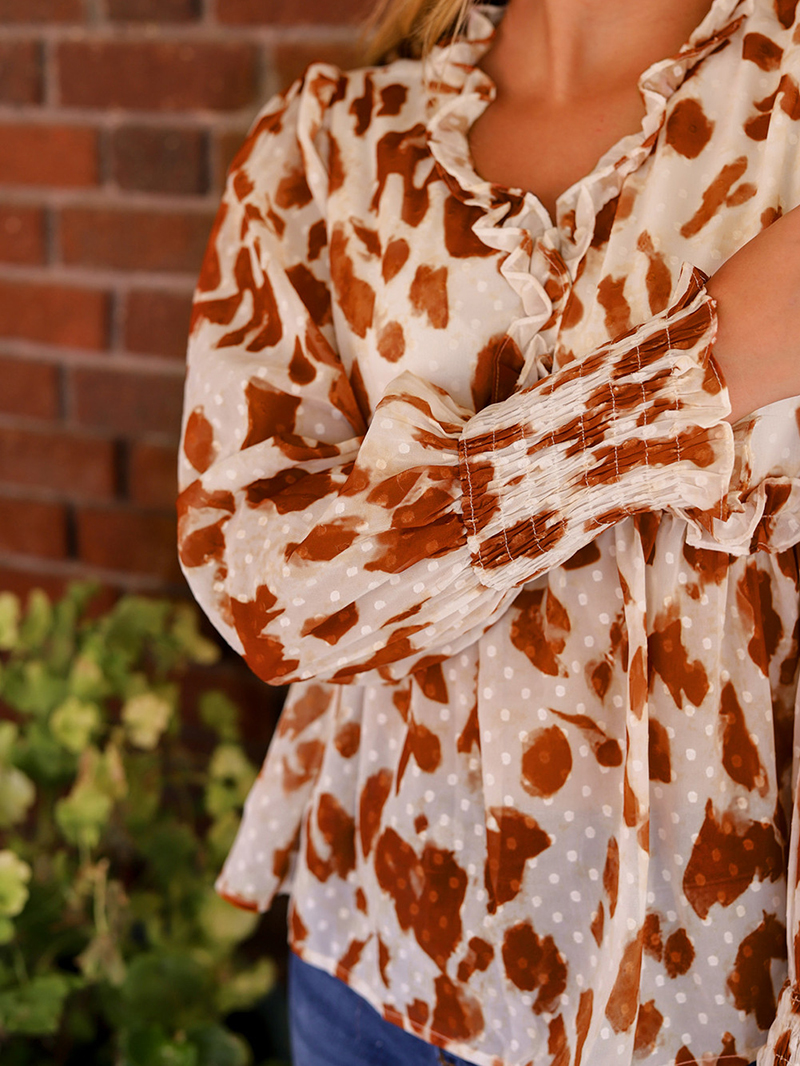 Leopard embellished V-neck ruffled casual shirt