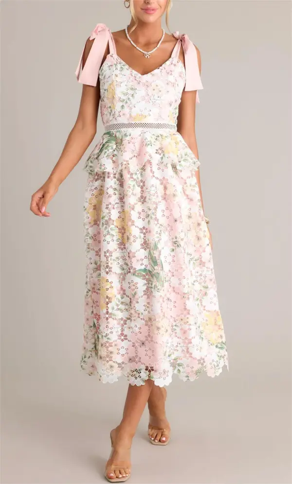 REMEMBERING SPRING PEACH LACE FLORAL MIDI DRESS