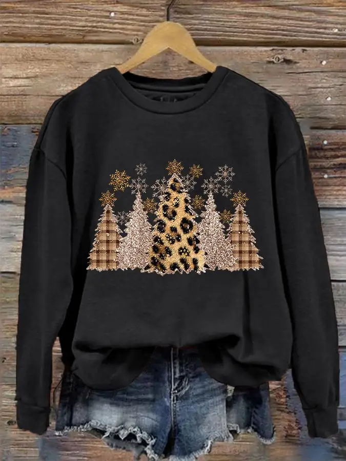 Women's Leopard Check Christmas Tree Print Crew Neck Sweatshirt