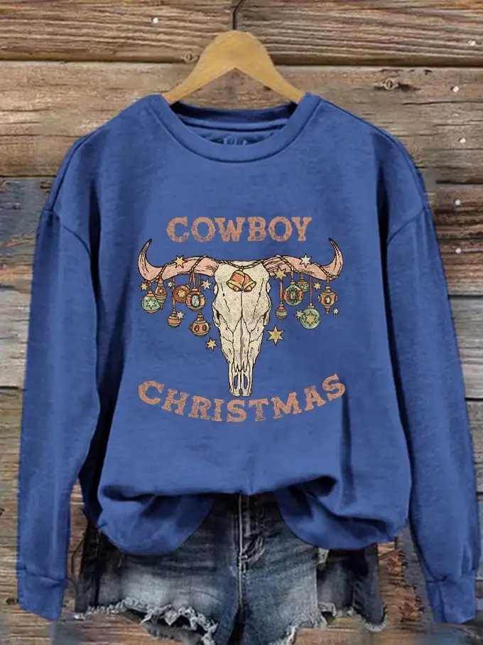 Women's Cowboy Christmas Bull Head Printed Sweatshirt