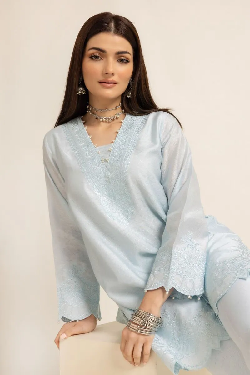 3 Piece Kurta Embroidered | Dupatta& Bottom & Tops | Color light blue