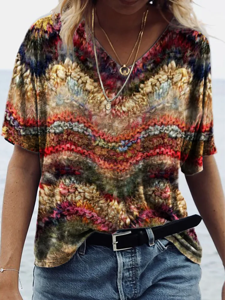 Boho Colorful Waves Textile V Neck T Shirt