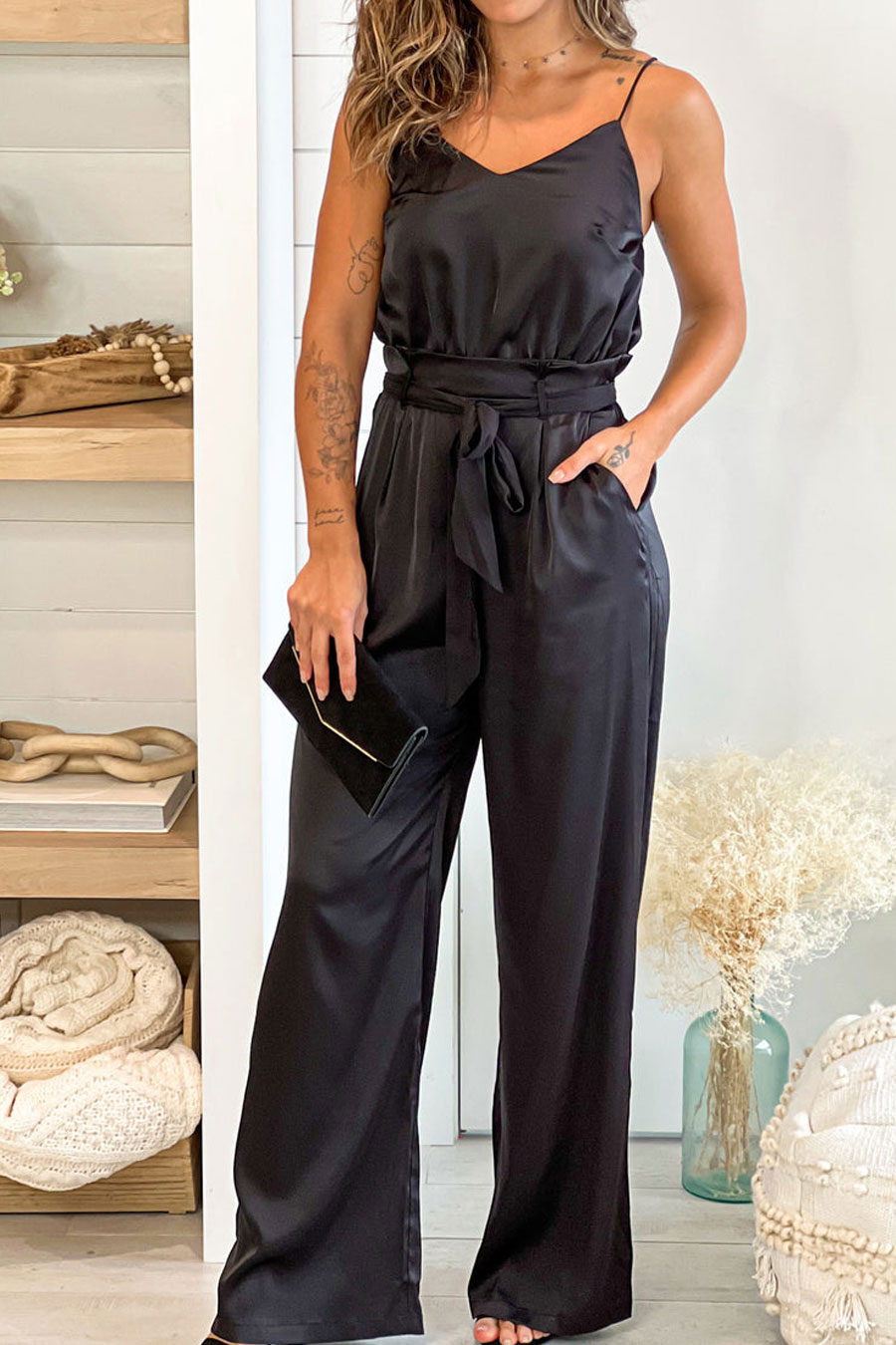 Black Draped Neckline Jumpsuit With Pockets