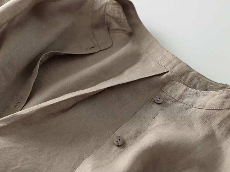 Stand collar 3/4 sleeve cotton linen shirt