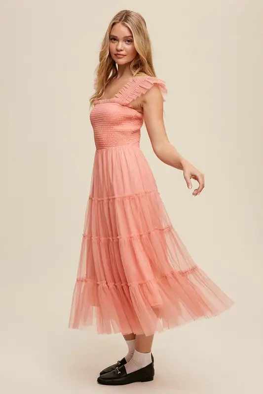 Smocked Ruffle Tiered Mesh Midi Maxi Dress