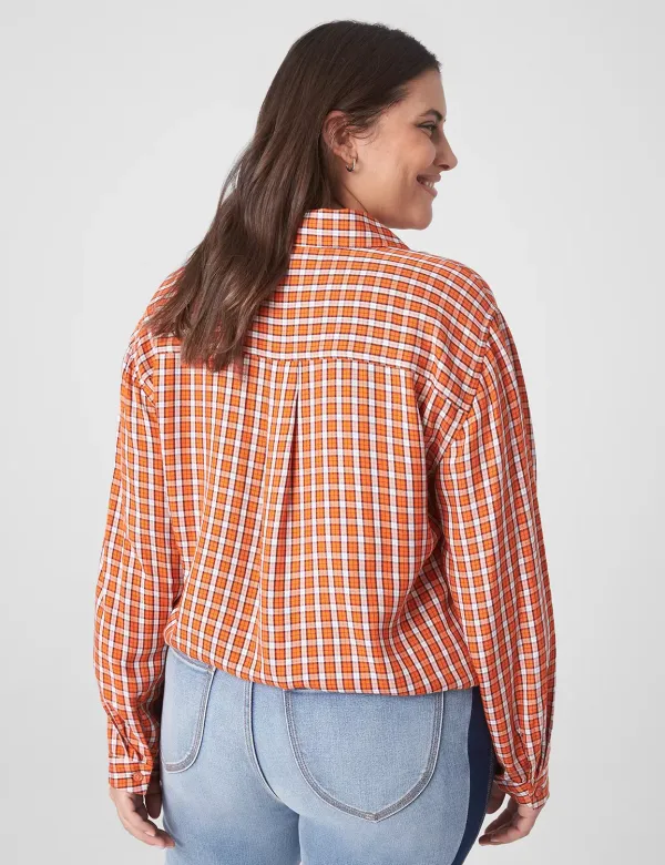 Classic Long-Sleeve Collared Button-Down Crop Shirt