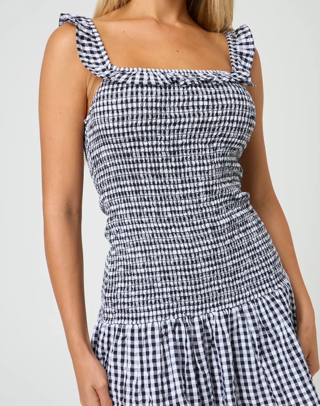 Shirred Gingham Mini Dress