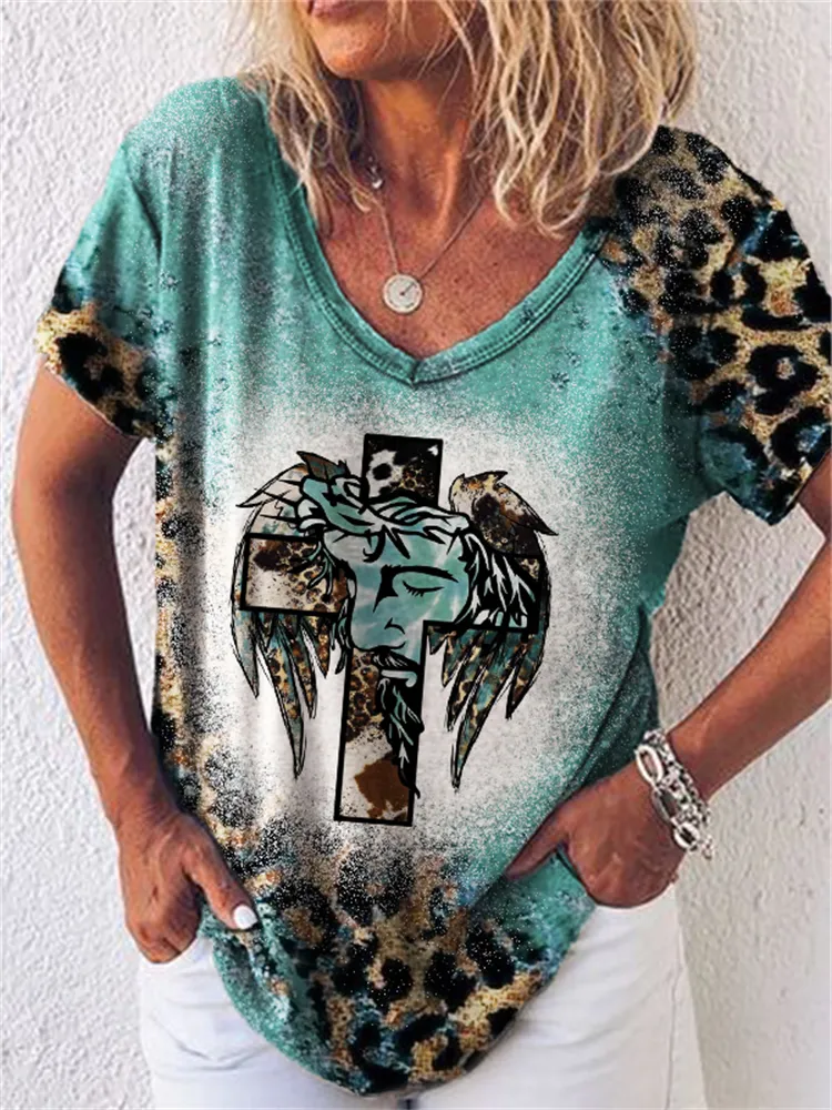 Jesus Cross With Wings Leopard Bleach T Shirt