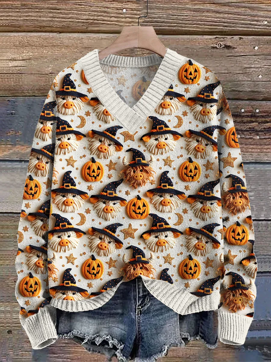 Highland Cow Pumpkin Pattern V-neck Knit Sweater