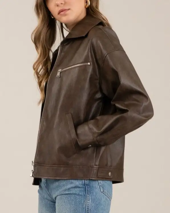 Faux Leather Zipper Jacket - Dark Brown