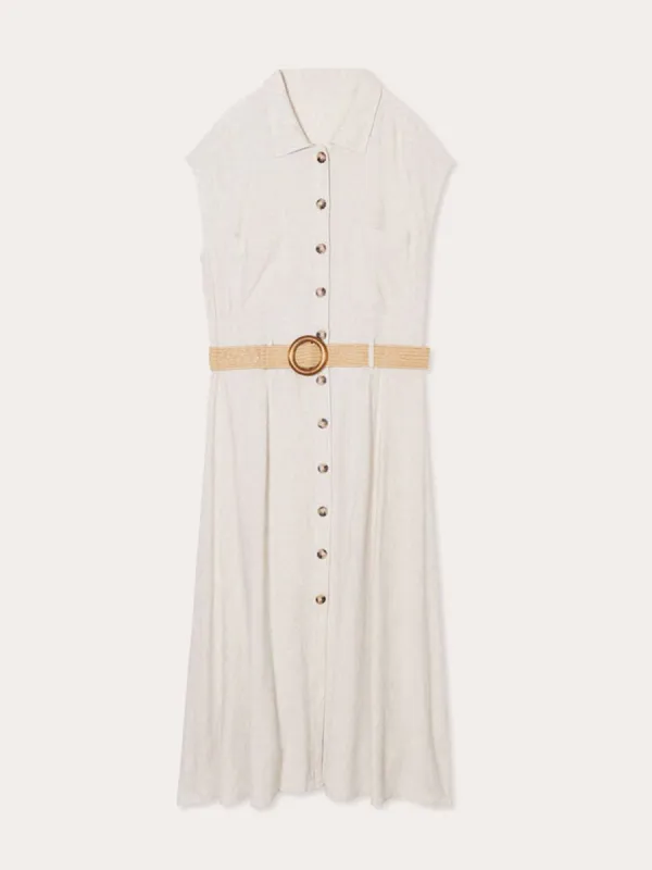 Robe chemise midi évasée 55% de lin beige femme