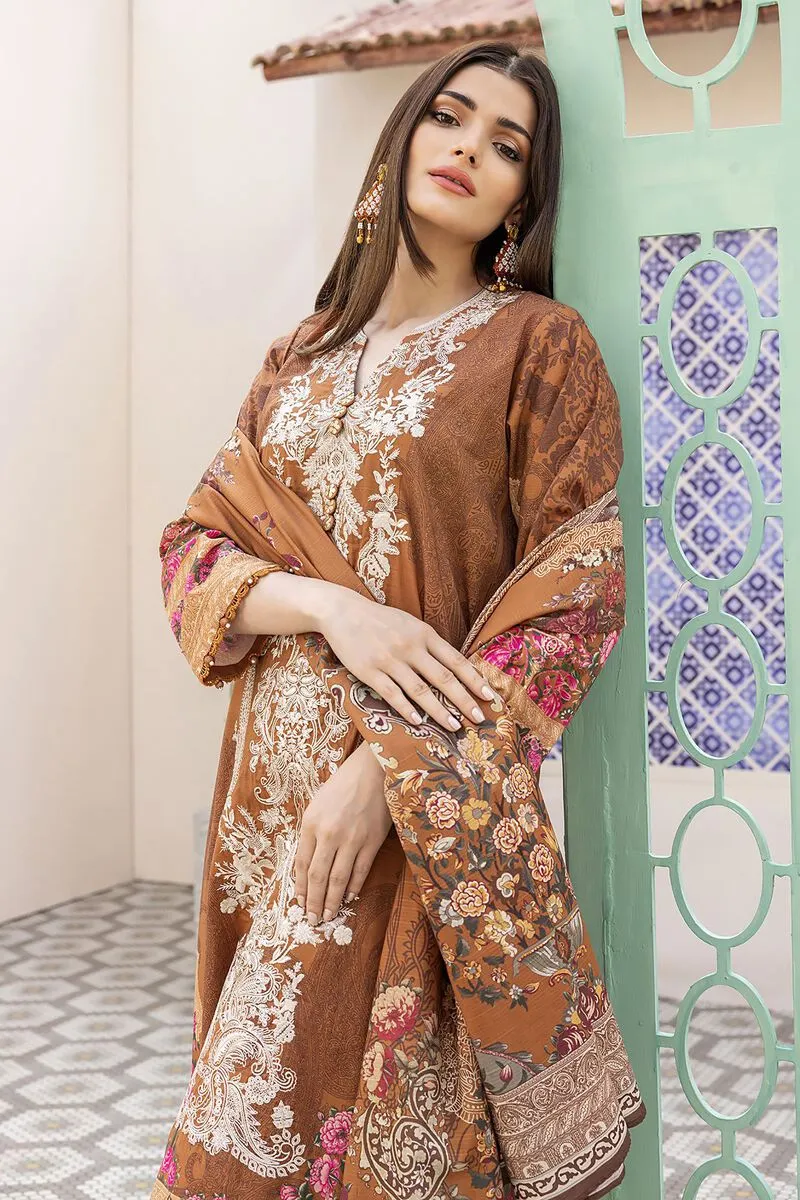 3 Piece Kurta Embroidered | Dupatta& Bottom & Tops | Color dark brown