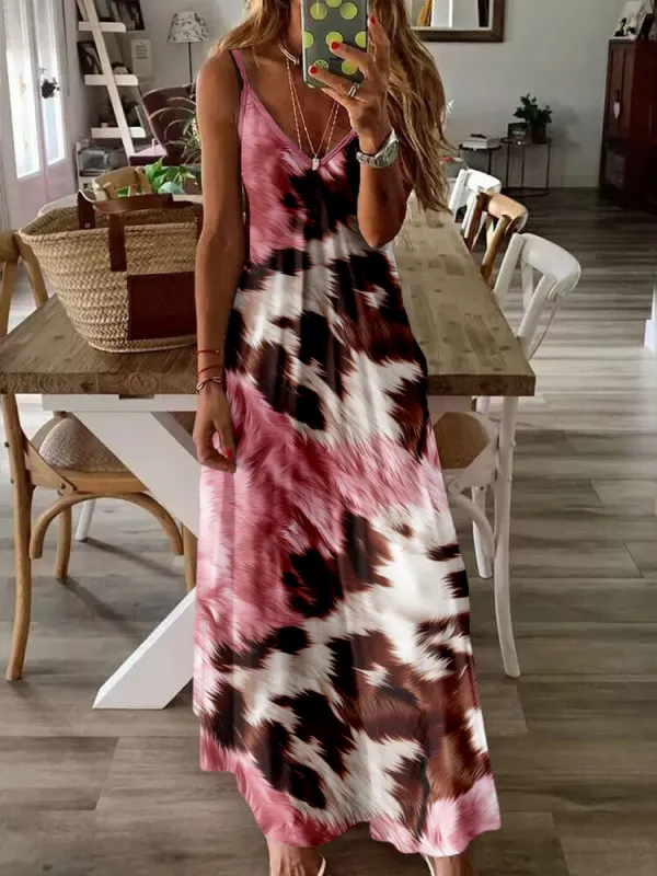 Western Pink Cowhide Pattern V Neck Cami Maxi Dress