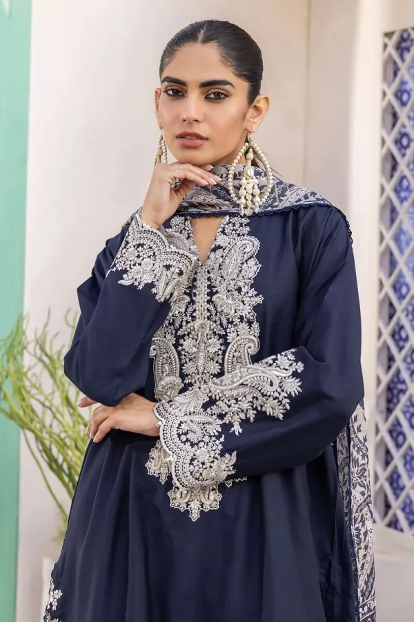 3 Piece Kurta Embroidered | Dupatta& Bottom & Tops | Color Navy Blue