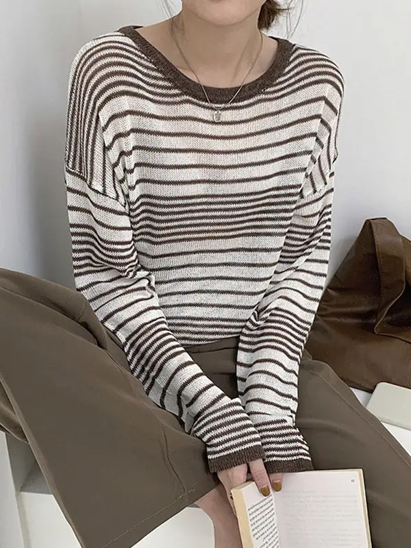 Casual Striped Round-Neck Long Sleeves Knitwear Tops