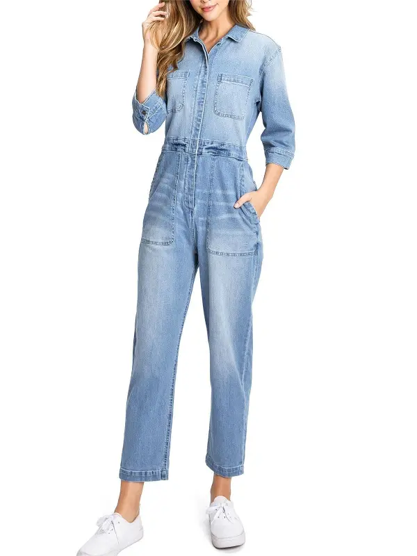 Lana Roux Aviator Relax Denim Utility Coverall Jumpsuit