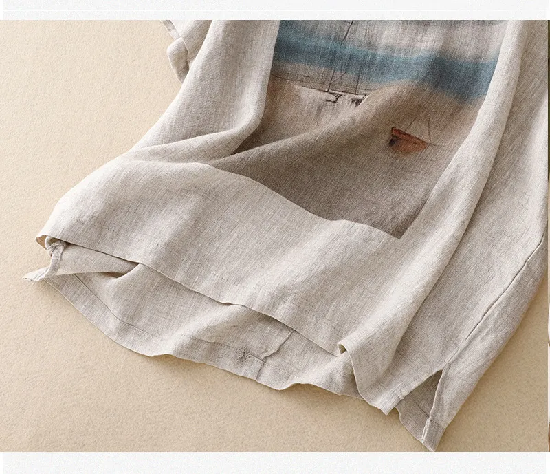 Vintage print cotton and linen T-shirt