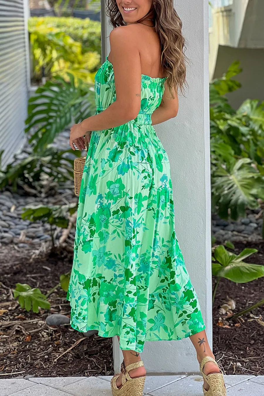 Green Floral Print High Low Dress