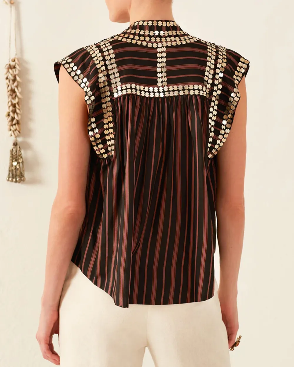 Deep V Neck Nehru Clove Stripe Coin Top