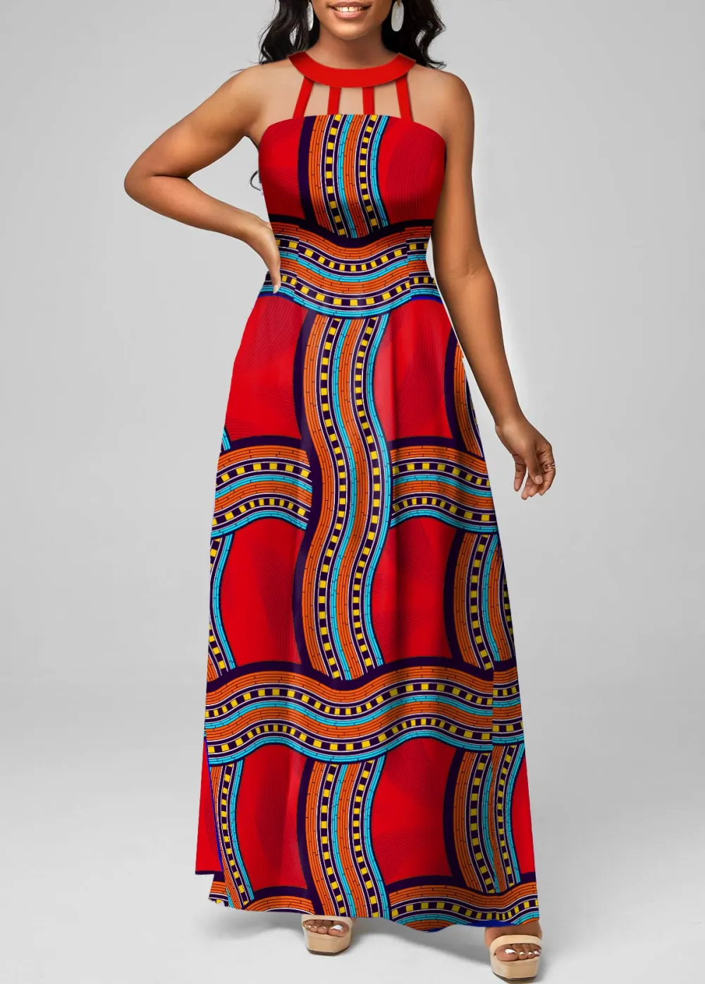 Tribal Print Cage Neck Royal Blue Maxi Dress