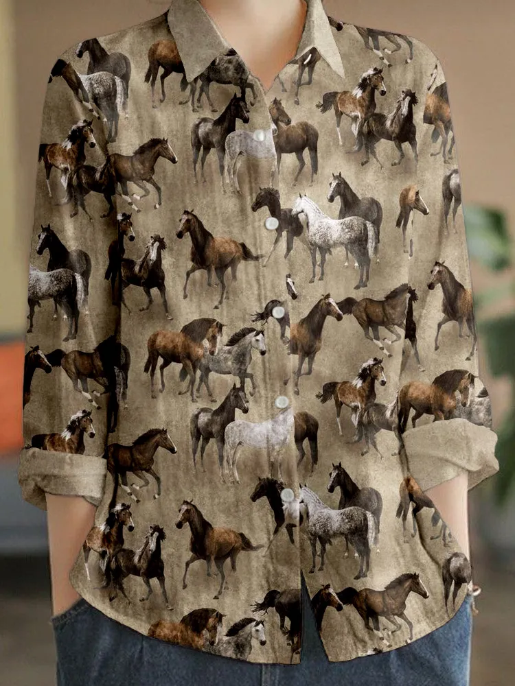 Western Wild Horses Pattern Linen Blend Cozy Shirt