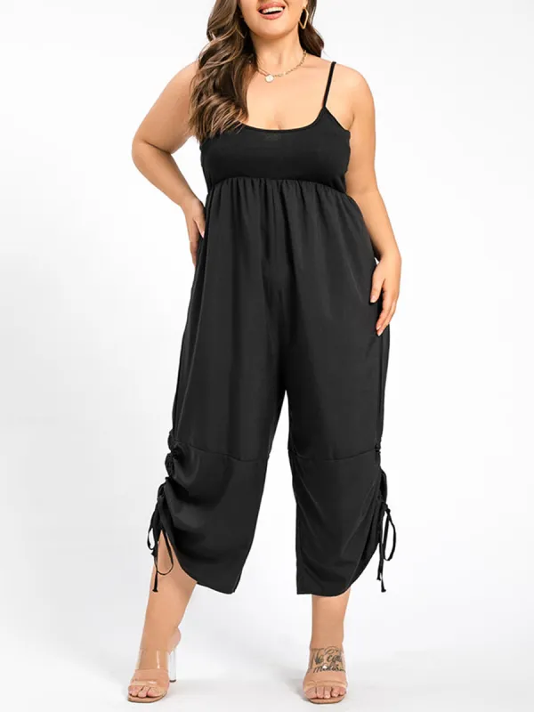 Plus Black Ruched Drawstring Hem Cami Jumpsuit