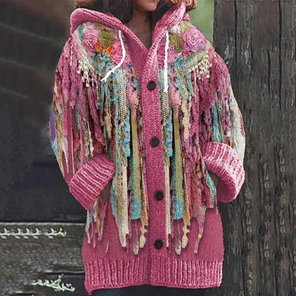 Western Fringed Print Long Sleeved Knitted Hooded Cardigan