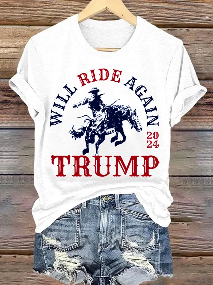 Women's Country Western Trump Cowboy Will Ride Again Maga 2024 Print T-Shirt