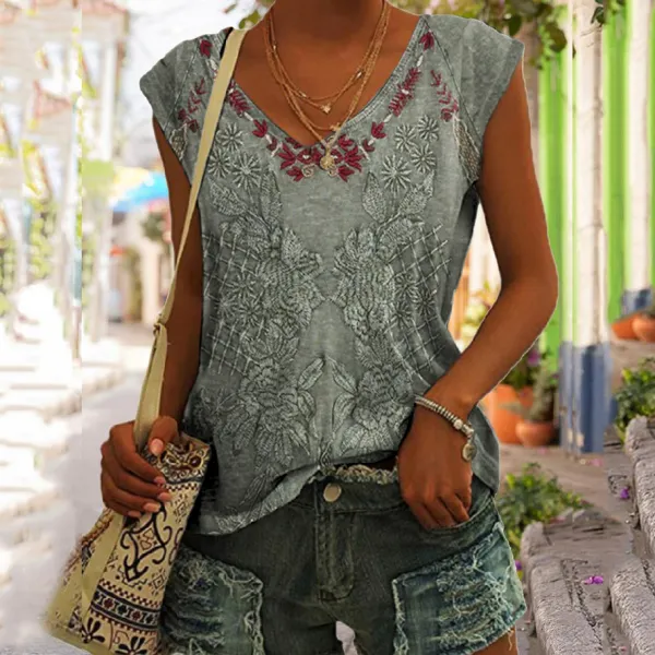 Women's Tribal Printed Casual V Neck Tank Top