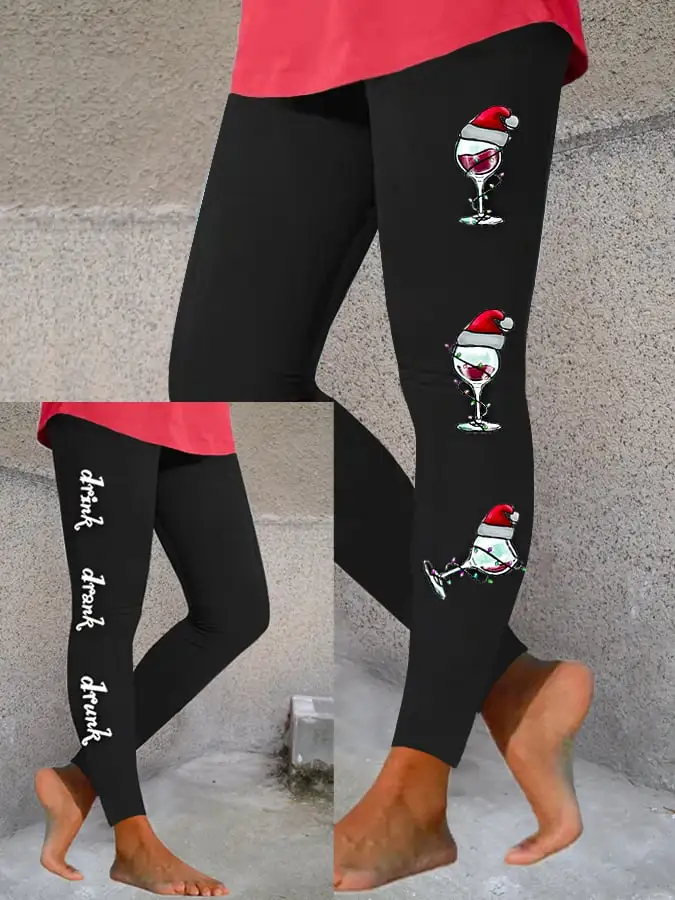 Women's Funny Christmas Drink Drank Drunk Red Wine Glass Print Leggings