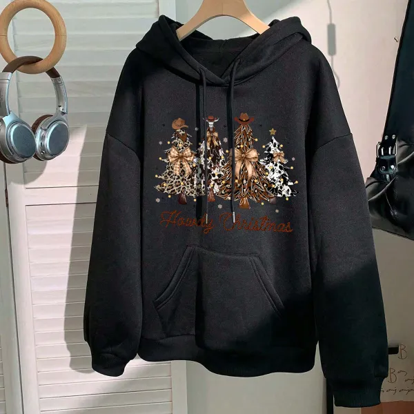 Leopard print cowboy Christmas tree Women's hoodie