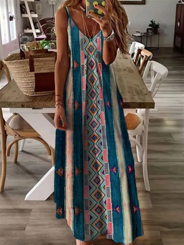 Vintage Ethnic Aztec V Neck Cami Maxi Dress