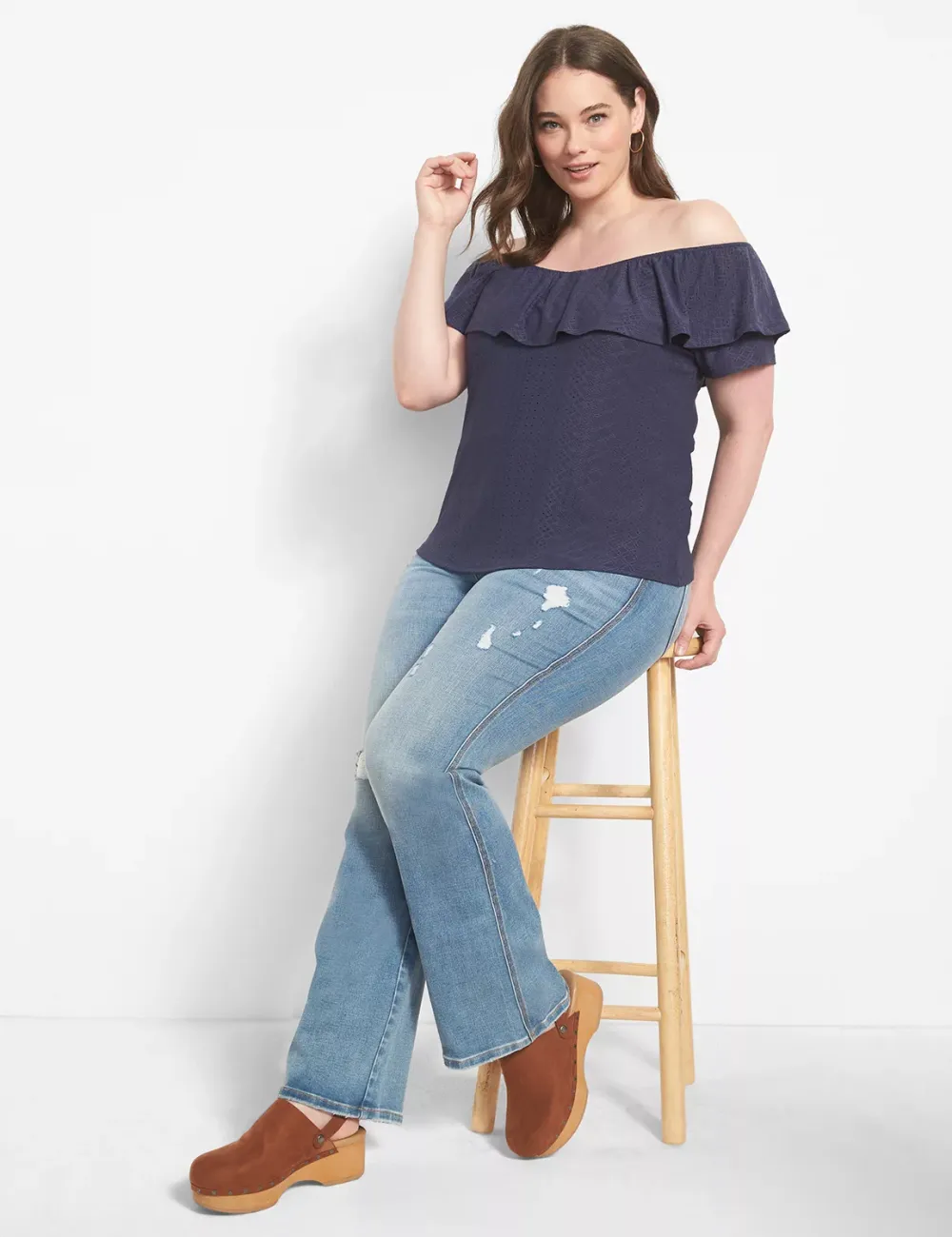 Classic Ruffle Off-The-Shoulder Eyelet Knit Top