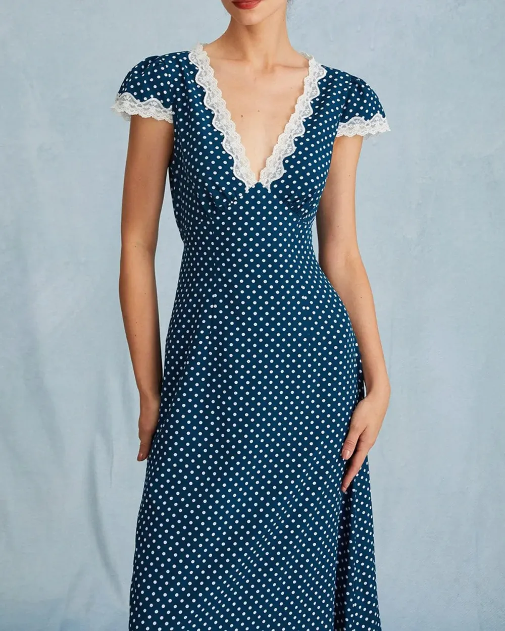 Polka dot deep v retro long dress