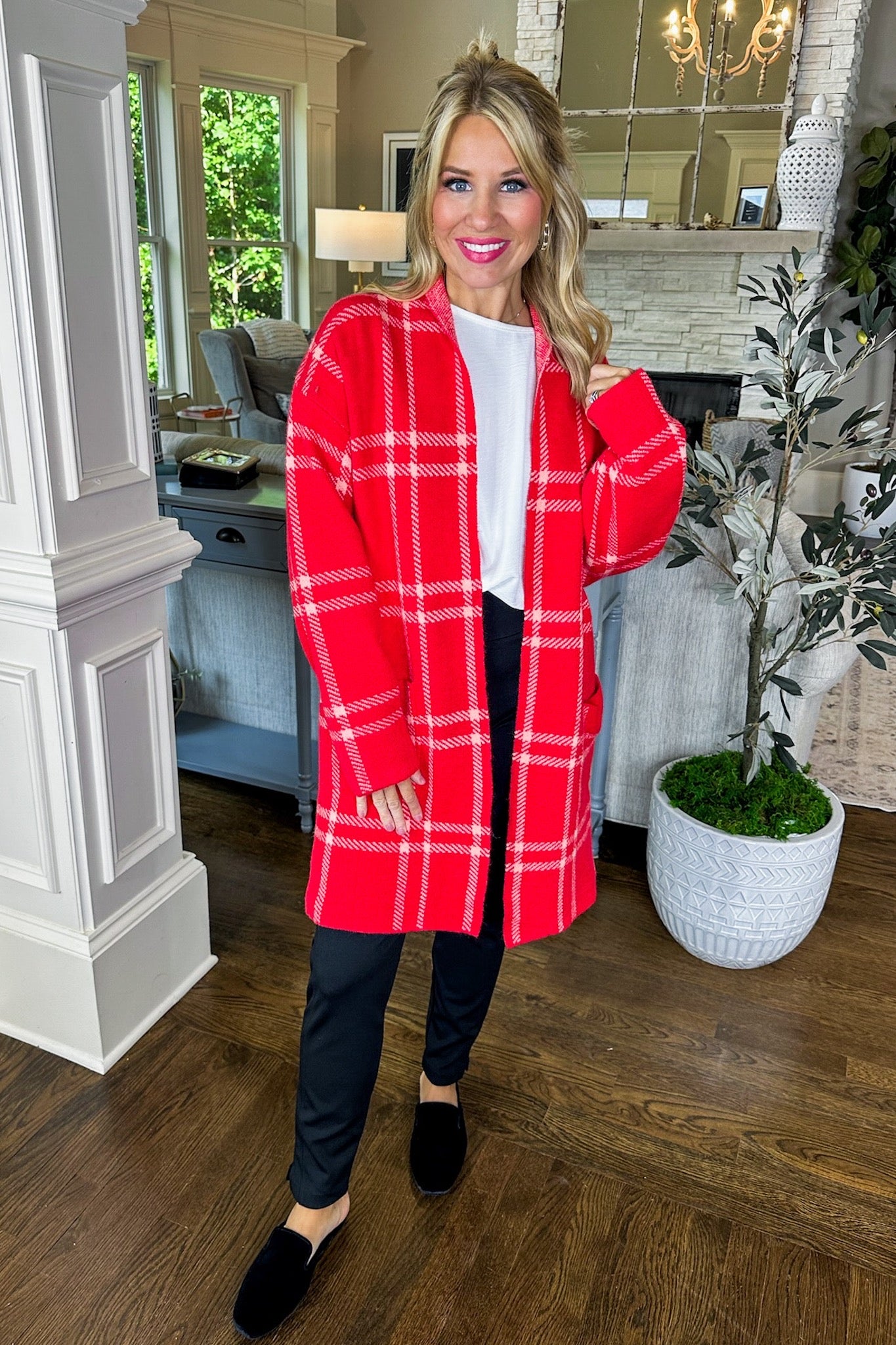 Oversized Red Plaid Pocketed Long Open Cardigan