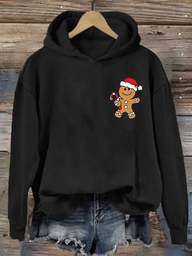 Women's Christmas Gingerbread Man Print Casual Hooded