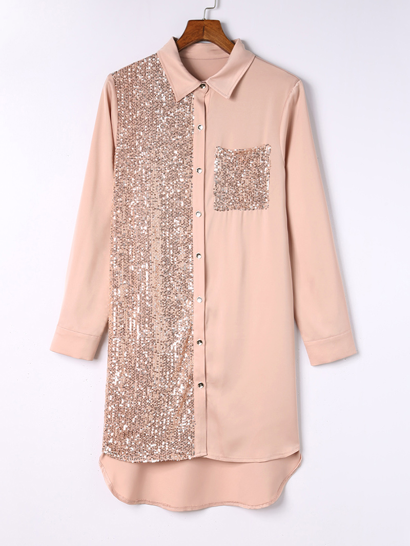 Khaki Sequin Splicing Pocket Buttoned Shirt Dress