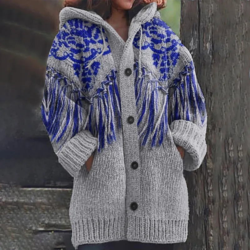 Women's Retro Geometric Totem Tassels Cozy Hooded Cardigan