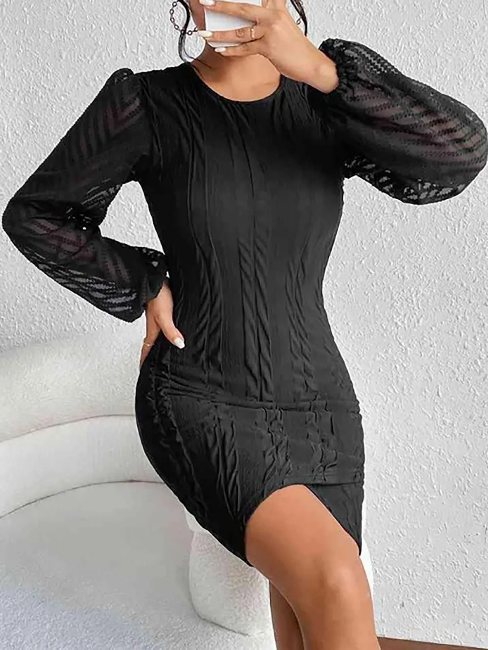 Women's round neck bubble sleeve dress