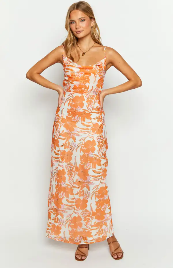 Cambri Orange Floral Chiffon Maxi Dress