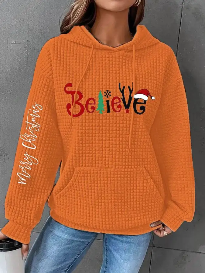 Women's Merry Christmas Christmas Believe Casual Waffle Hoodie