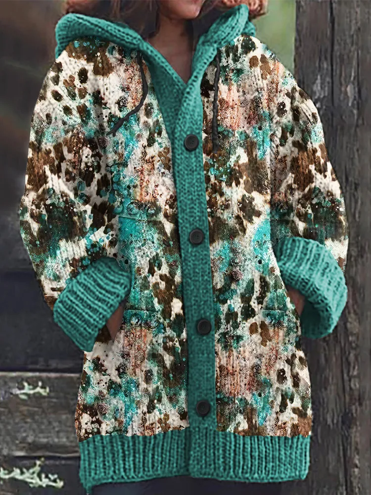 Western Printed Knitted Hooded Cardigan